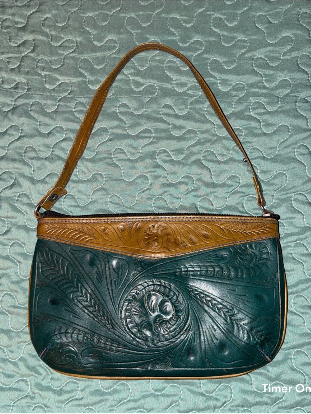 Leaders in leather Hand-Tooled Two-Tone Leather Shoulder Bag in Teal and Tan